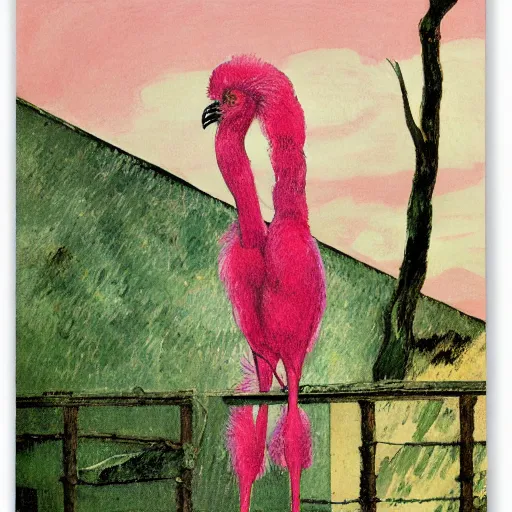 Image similar to shredded physique feathered tall neck beak Portrait of Samuel Beckett camouflaged as Flamingo whilst wearing a pink tuxedo Standing atop a Garbage Truck Greg Rutkowski Eric Ravilious Paul Cezanne Andrew Wyeth Jamie Wyeth