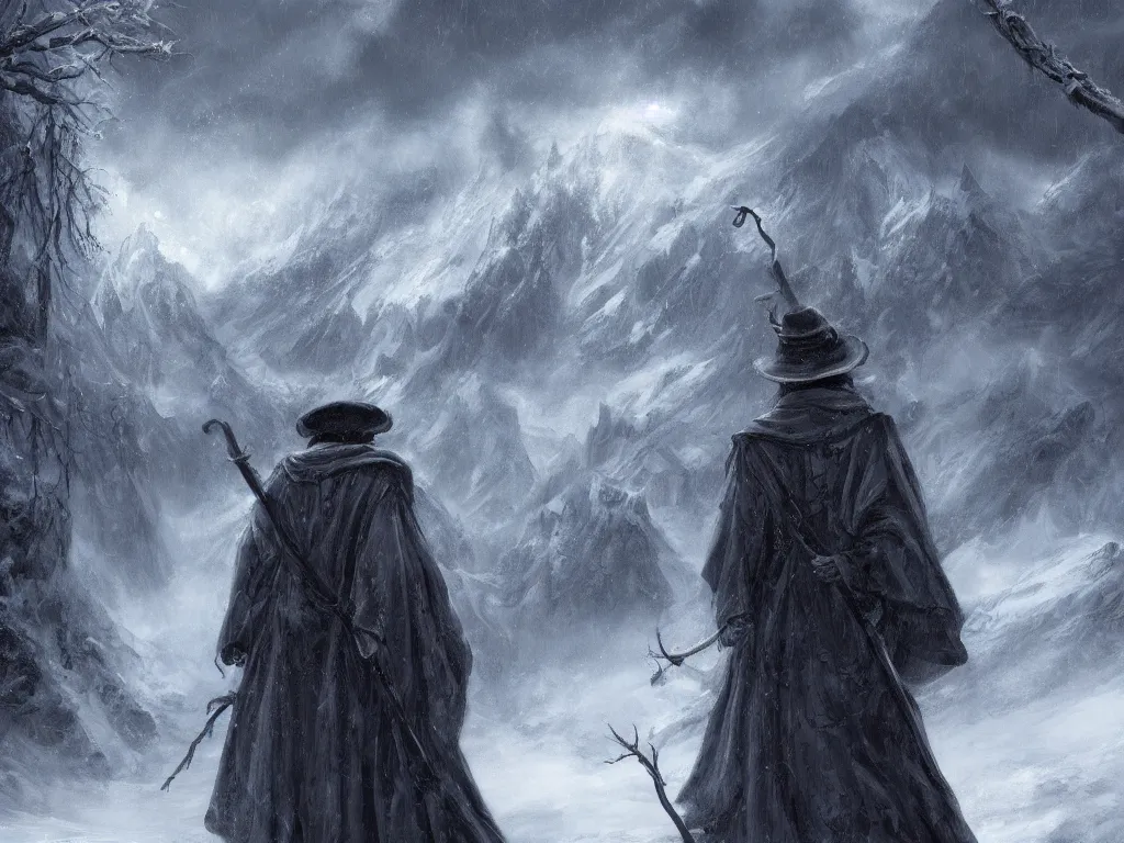 Prompt: a highly detailed rendering of a wizard in flowing robes and brimmed hat with a staff travelling trough a dark forest with a backdrop of snow-capped mountains and stormy clouds, neo-romanticism, wild, highly detailed, digital painting, artstation