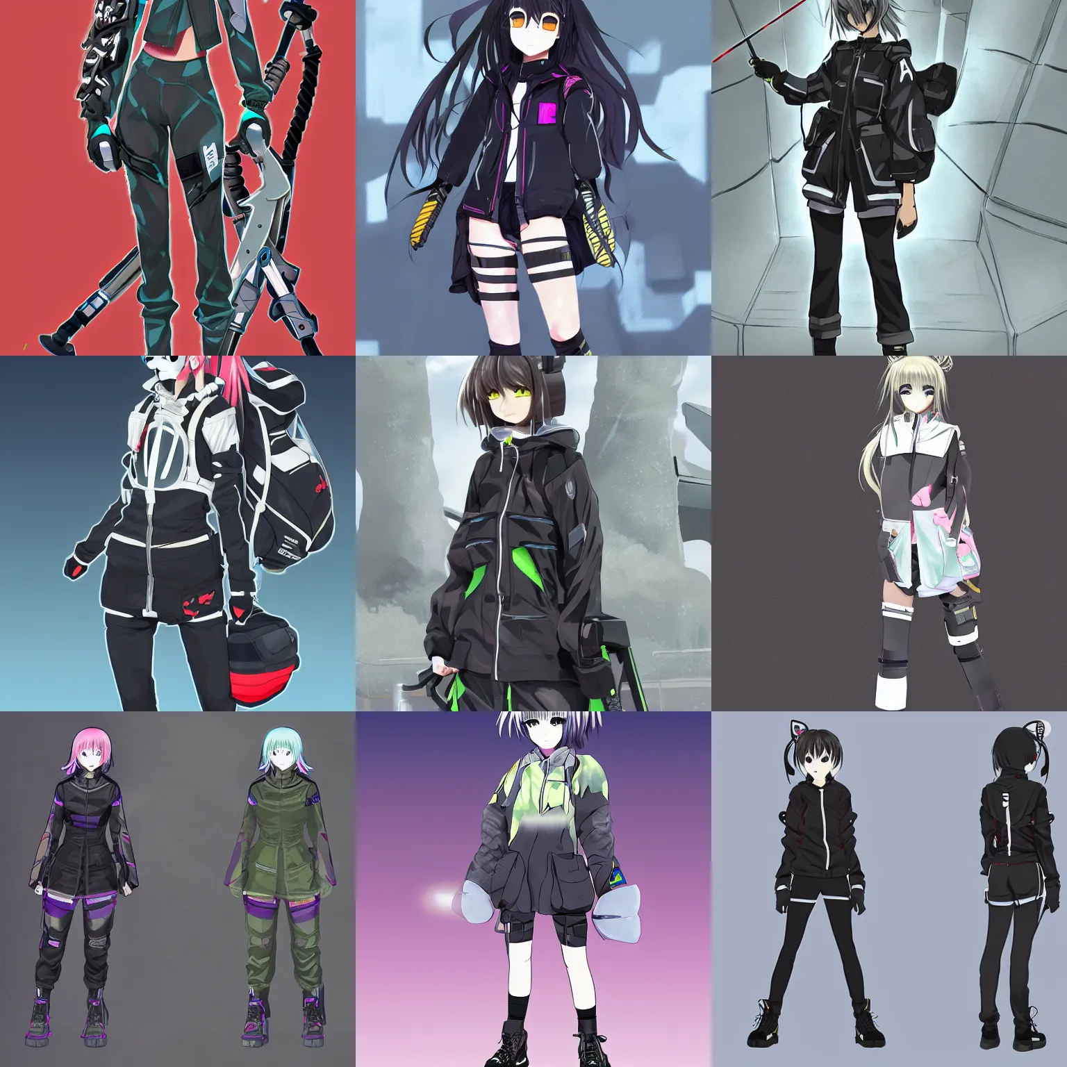 Prompt: Anime girl in Acronym techwear outfit, high detail concept art,