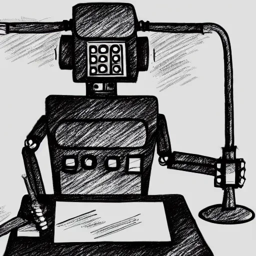 Prompt: lofi robot drawing at his desk