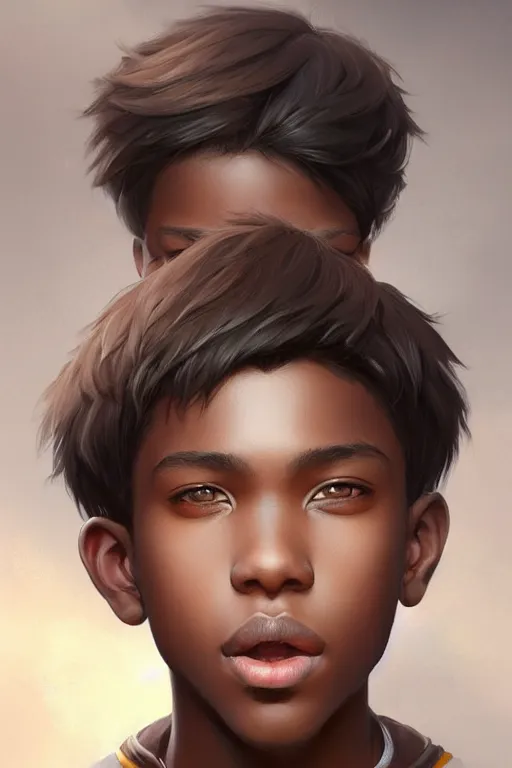 Image similar to young teenager boy with straight short brown hair, dark skin, big lips. highly detailed, d & d, fantasy, highly detailed, digital painting, trending on artstation, concept art, sharp focus, illustration, art by artgerm and greg rutkowski and fuji choko and viktoria gavrilenko and hoang lap