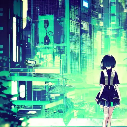 Prompt: Frequency indie album cover, luxury advertisement, green filter, blue and black colors. highly detailed post-cyberpunk sci-fi close-up schoolgirl in asian city in style of cytus and deemo, mysterious vibes, by Ilya Kuvshinov, by Greg Tocchini, nier:automata, set in half-life 2, beautiful with eerie vibes, very inspirational, very stylish, with gradients, surrealistic, dystopia, postapocalyptic vibes, depth of field, mist, rich cinematic atmosphere, perfect digital art, mystical journey in strange world, beautiful dramatic dark moody tones and studio lighting, shadows, bastion game, arthouse