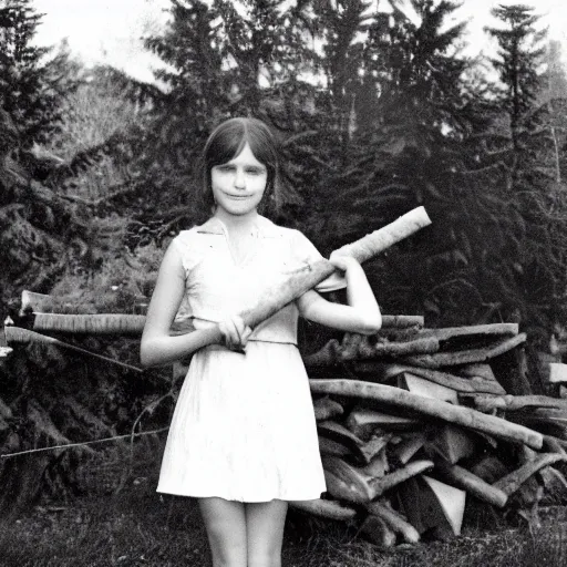 Image similar to a middle-school girl with short brown hair wearing a white dress and holding a bundle of firewood, high resolution film still