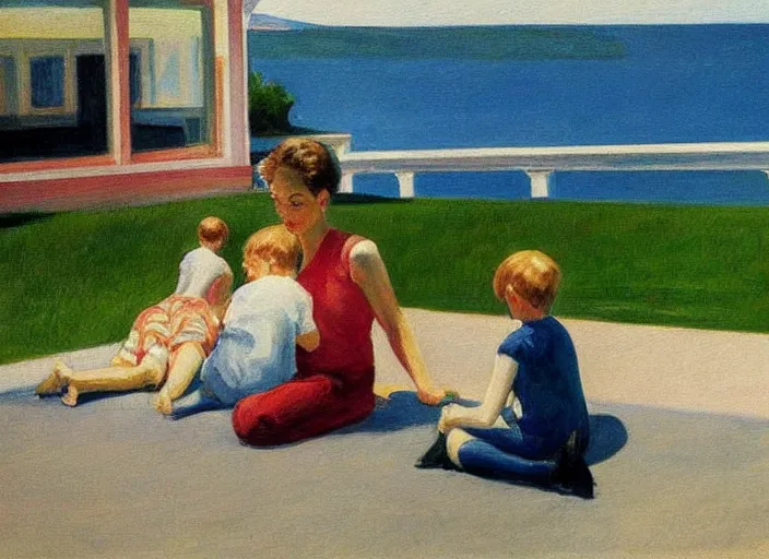 Image similar to detailed painting of mother with two sons aged 6 and 9 on vacation in the druskininkai resort by edward hopper