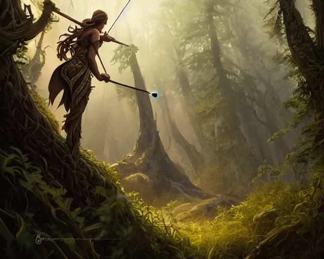 Image similar to bow and arrow hunting forest godrays, deep focus, d & d, fantasy, intricate, elegant, highly detailed, digital painting, artstation, concept art, matte, sharp focus, illustration, hearthstone, art by artgerm and greg rutkowski and laura sava and alphonse mucha