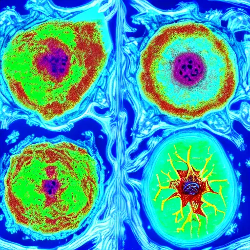 Image similar to a microscopy image showing a cell with a normal nucleus and one cell with an abnormal stained nucleus, confocal miscroscopy, paper, cell journal, cell biology, nature journal, science