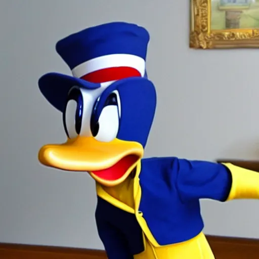 Prompt: Donald Duck as a real human being