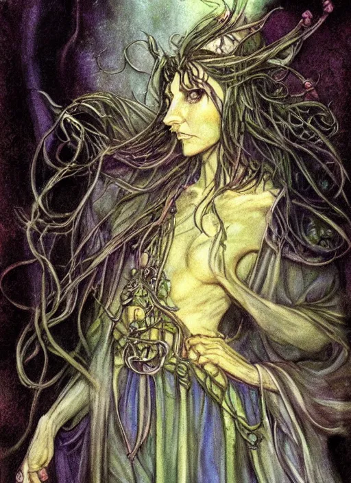 Image similar to portrait of lithe female sorceress of the fey, beautiful! coherent! dungeons and dragons character, by brian froud, strong line, night color, high contrast