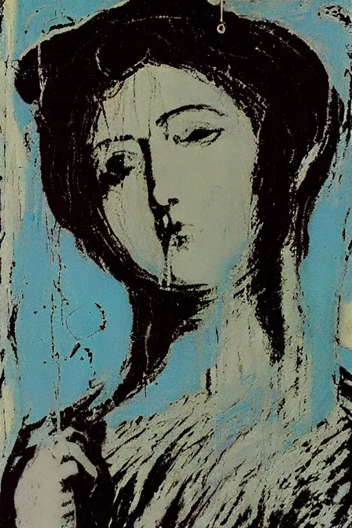 Image similar to virgin mary of lourdes painted by cy twombly and andy warhol