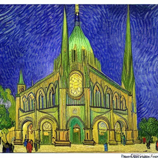 Image similar to a drawing off the aachener cathedral, painted by van gogh.