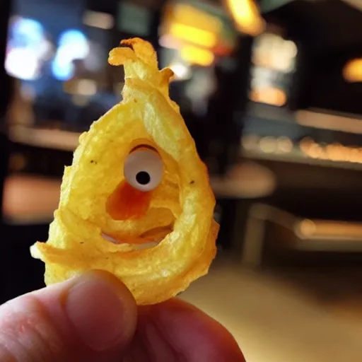 Image similar to photo of [ a single salted french fry chip ] shaped like that looks like stephen fry as a pixar character hybrid intercross mix cinematic lighting