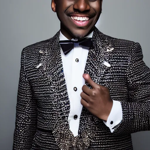 Image similar to well dressed african american male with a strange haircut and an expensive clothes smiling into the camera, f / 2. 0, photography, magazine