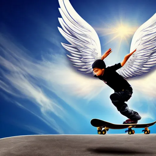 Prompt: young skateboarder with Angel wings kickflip background the sky