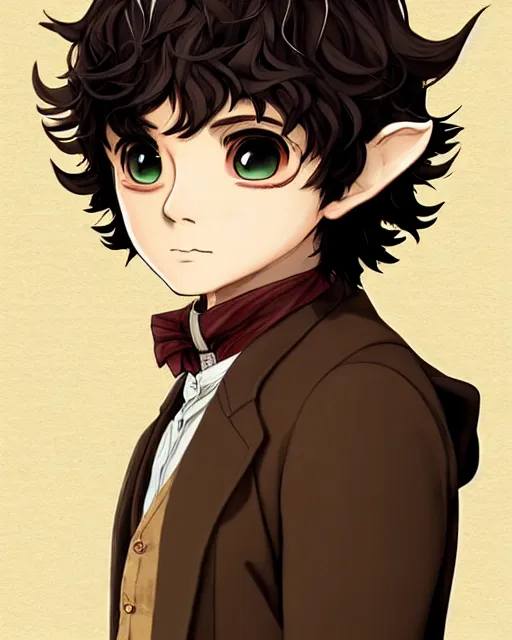 Image similar to portrait Anime joyful Hobbit Frodo Baggins; velvet brown jacket, backpack, Shire background || cute-fine-face, pretty face, realistic shaded Perfect face, fine details. Anime. realistic shaded lighting by Kim Jung Gi