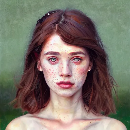 Image similar to Facial portrait of a pretty cottagecore girl, looking at the camera, slight awkward smile, lips slightly parted, some light freckles, no hands visible, extremely detailed painting by Greg Rutkowski and by Steve Henderson and by Harumi Hironaka