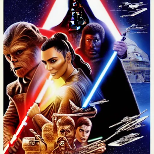 Image similar to super detailed star wars movie poster with Jesus Christ and kim kardashian, 8k full HD photo, cinematic lighting, anatomically correct, oscar award winning, action filled, correct eye placement,