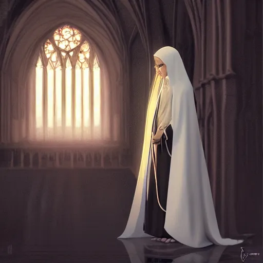 Prompt: a ortodox nun long black hair, praying for the sun god in a cathedral. Epic fantasy, 4k. realistic. Detailed. Digital painting. Sharp focus, illustration, Beautiful, gorgeous. Cinematic. Dramatic. High contrast. artstation. smooth.