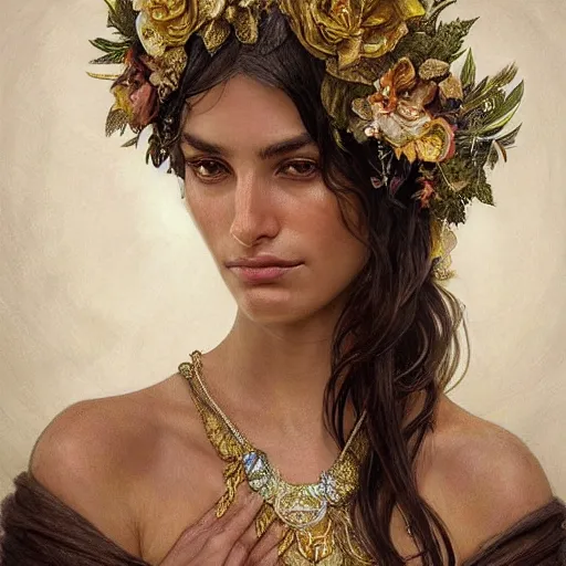 Prompt: Portrait of a Brazilan Supermodel wearing a floral crown, olive skin, long dark hair, beautiful bone structure, shiny gold background, intricate, elegant, highly detailed, digital painting, artstation, concept art, smooth, sharp focus, illustration, art by artgerm and greg rutkowski and alphonse mucha