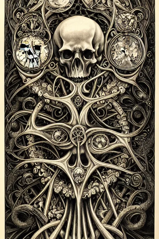 Prompt: detailed realistic memento mori lithograph by cameron gray and ernst haeckel, gothic ornament, skulls, bones, art nouveau, neogothic, ornate art nouveau botanicals, horizontal symmetry, polished