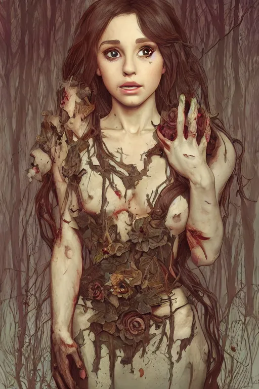 Image similar to scared cottagecore zombie Ariana Grande , rotten flesh & corpses, creepy forest, intricate, elegant, highly detailed, digital painting, artstation, concept art, smooth, sharp, focus, illustration, art by artgerm and greg rutkowski and alphonse mucha