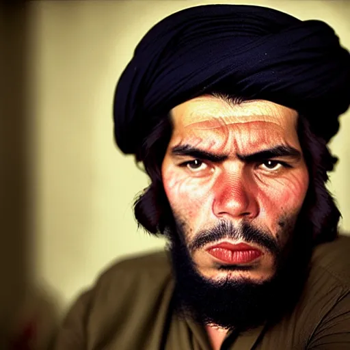 Image similar to portrait of che guevara as afghan man, green eyes and red scarf looking intently, photograph by steve mccurry