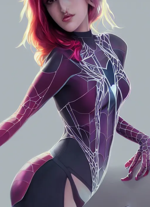 Image similar to ultra realistic illustration, bella thorne as spidergwen anime, intricate, elegant, highly detailed, digital painting, artstation, concept art, smooth, sharp focus, illustration, art by artgerm and greg rutkowski and alphonse mucha and wlop