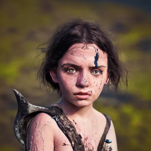 Prompt: a little blue-skinned girl with messy black hair sharp pointed ears freckles along the ridges of her cheeks, dnd triton, high resolution film still, 4k, HDR colors