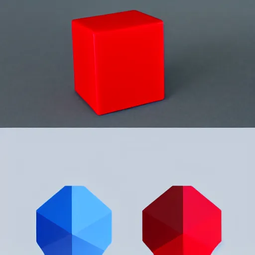 Image similar to two geometric shapes: on top is a red cube, on bottom is a blue sphere