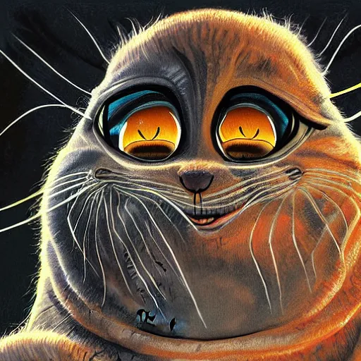 Image similar to painting of an alien cat creature that looks like garfield, in the style of wayne barlowe