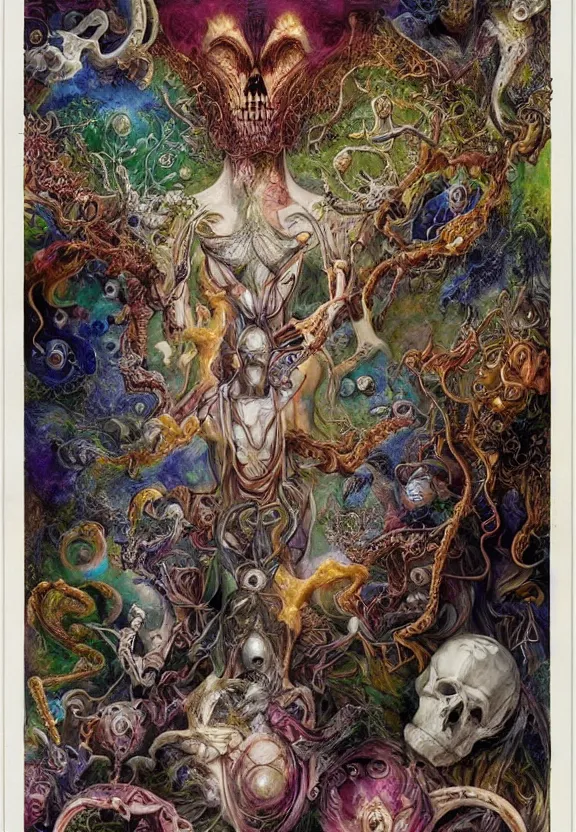 Image similar to simplicity, colorful muscular eldritch bodies and bones radiating from fractal, mandala, white bones, colorful gems, brush pen, by h. r. giger and esao andrews and maria sibylla merian eugene delacroix, gustave dore, thomas moran, pop art, chiaroscuro, biopunk, art nouveau