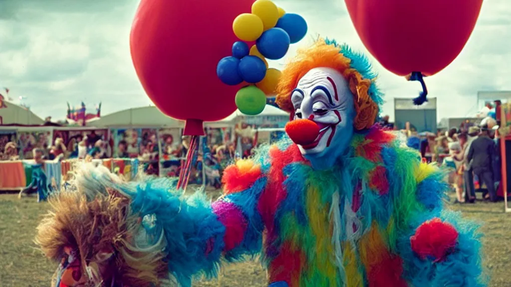 Image similar to the clown monster at the fair, they tie a balloon animal, film still from the movie directed by denis villeneuve and david cronenberg with art direction by salvador dali and dr. seuss