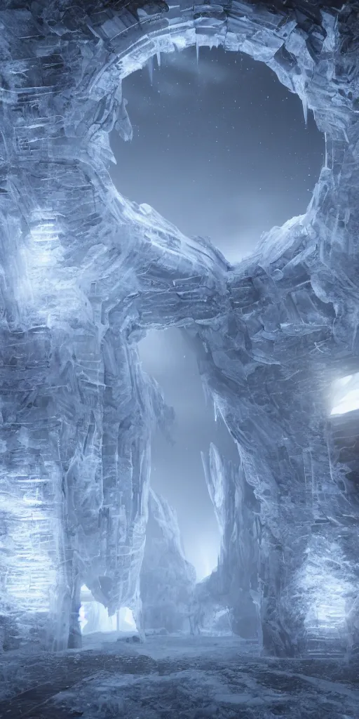 Prompt: interdimensional galaxy portal covered in frost, hugh ferriss, ice gate, volumetric light, volumetric fog, unreal engine, photorealistic, 8 k