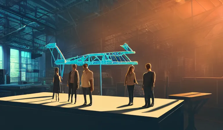 Image similar to group of people in simple warehouse, around a hologram of futuristic city on a table, cinematic concept art, godrays, golden hour, natural sunlight, 4 k, clear details, tabletop model buildings, center model buildings, hologram center, crane shot, crane shot, crane shot