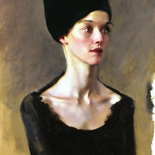 Image similar to A stunning masterful portrait of a striking French woman with short pink hair and wearing a black French beret high cheek bones by Andrew Wyeth, John Singer Sargent, and Norman Rockwell, natural light, oil painting, ethereal, earth tones, strong brushwork