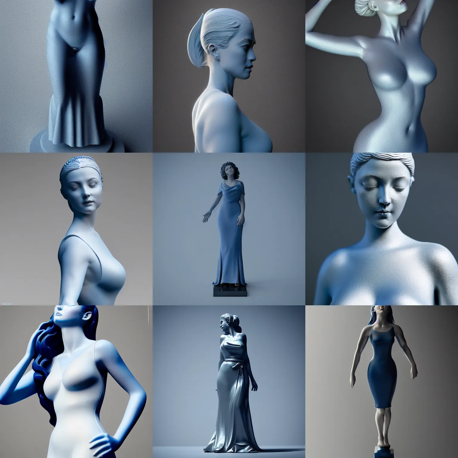 Prompt: statue of the perfect woman, porcelain, ( desgined by apple ), silver, blue soft details, soft!!, dark black dress, studio photo, octane render, studio lights, 8 0 mm lens