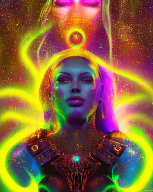 Prompt: a powerful energy psychedelic woman, by alexander fedosav, hyper detailed digital matte painting, concept art, hyperrealism, 1 6 k resolution, cinema 4 d, 8 k resolution, trending on artstation, behance hd, a masterpiece, by stephan martiniere, particles, cel - shaded, power bright neon energy, by david a. hardy,