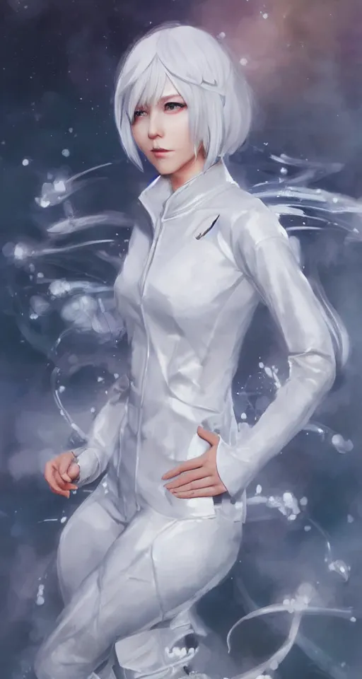 Image similar to a portrait of a scientist android girl with silver hair wearing white suit by artgerm and wlop and krenz cushart, painterly