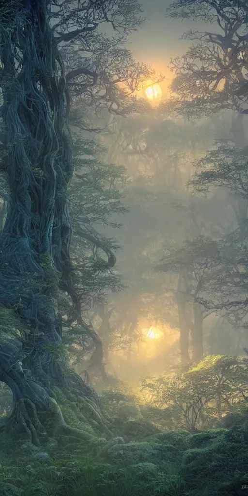 Prompt: an enchanted forest with intricate roots by mœbius and akihiko yoshida, 4 k wallpaper, highly detailed, sunset, mist, vivid color