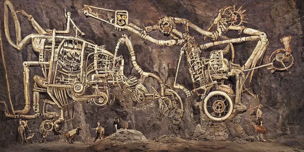 Image similar to a prehistoric cave painting of a giant steampunk futuristic retrofuturistic machine