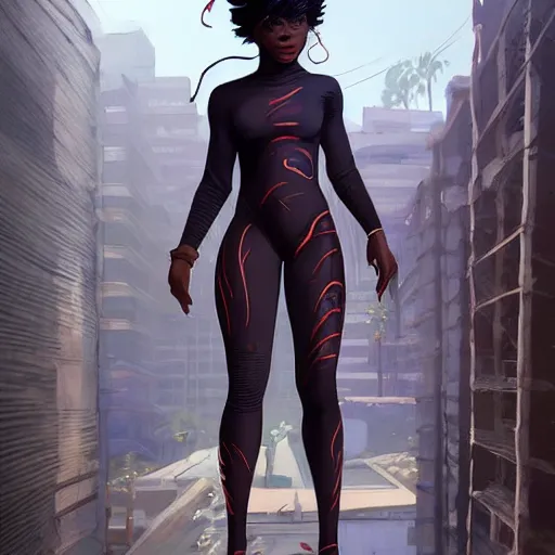 Image similar to highly detailed an african american woman in with the shadow ninja suit from the future gta v, stephen bliss, unreal engine, fantasy art by greg rutkowski, loish, rhads, ferdinand knab, makoto shinkai and lois van baarle, ilya kuvshinov, rossdraws, tom bagshaw, global illumination, radiant light, detailed and intricate environment