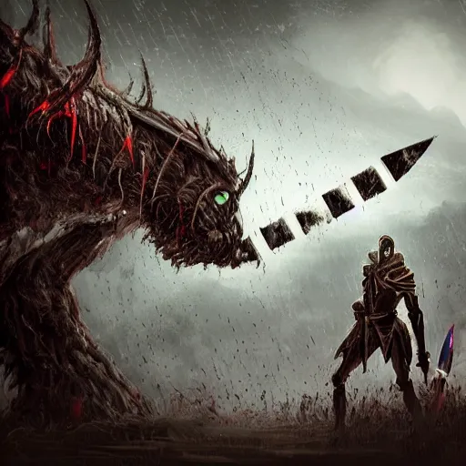 Prompt: Photo of a futile human approaching a giant sentinel king wielding a mythical blade in abandoned ruins, terror, flying bloody arrows raining down, hysterical, horrifying, digital art, destruction, the void, ominous, crown, fear, fear-mongering, very detailed, evil, trending on artstation, intricate details, high definition, 16k, Artstation, by John Wallin Libert, Dark Souls, Elden Ring