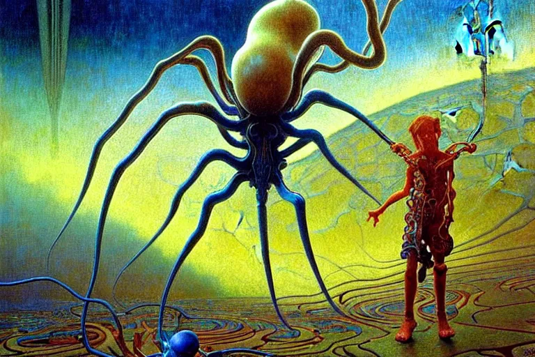 Prompt: realistic extremely detailed portrait closeup painting of a ghost kid playing with giant spider, futuristic sci-fi landscape on background by Jean Delville, Amano, Yves Tanguy, Alphonse Mucha, Ernst Haeckel, Edward Robert Hughes, Roger Dean, rich moody colours, blue eyes