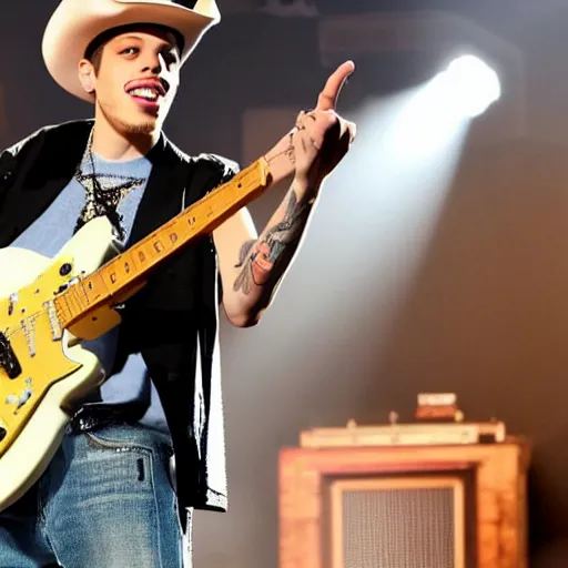 Prompt: pete davidson has a really nice electric guitar and plays it while wearing a cowboy hat and cowboy outfit