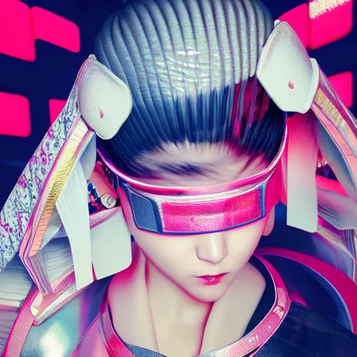 Image similar to cyberpunk japanese kimono inspired avant-garde art, deco fashion, highly detailed, photorealistic portrait, bright studio setting, studio lighting, crisp quality and light reflections, unreal engine 5 quality render