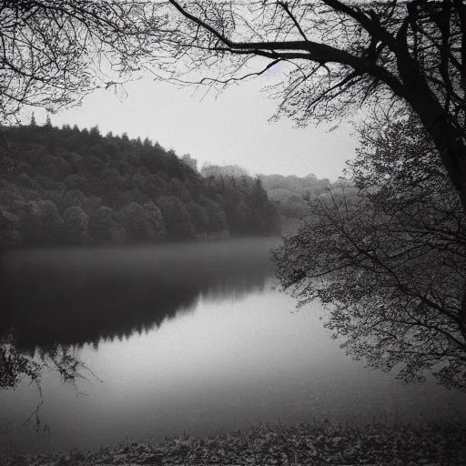 Prompt: lake by William Blake, mist, fairytale, lomography, photo, monochrome, 35mm