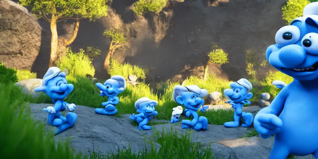 Image similar to smurfs in the unreal engine, 8k, high detail, volumetric lighting, lensflare