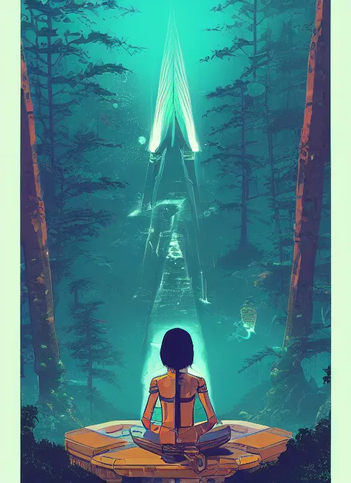 Prompt: an indie game poster of a translucent cyberpunk explorer meditating on an ancient platform in the middle of a dense forest, midnight, risograph by ghostshrimp, kawase hasui, josan gonzalez, jean giraud, moebius, colourful flat surreal design, in the style of oxenfree, super detailed, a lot of tiny details