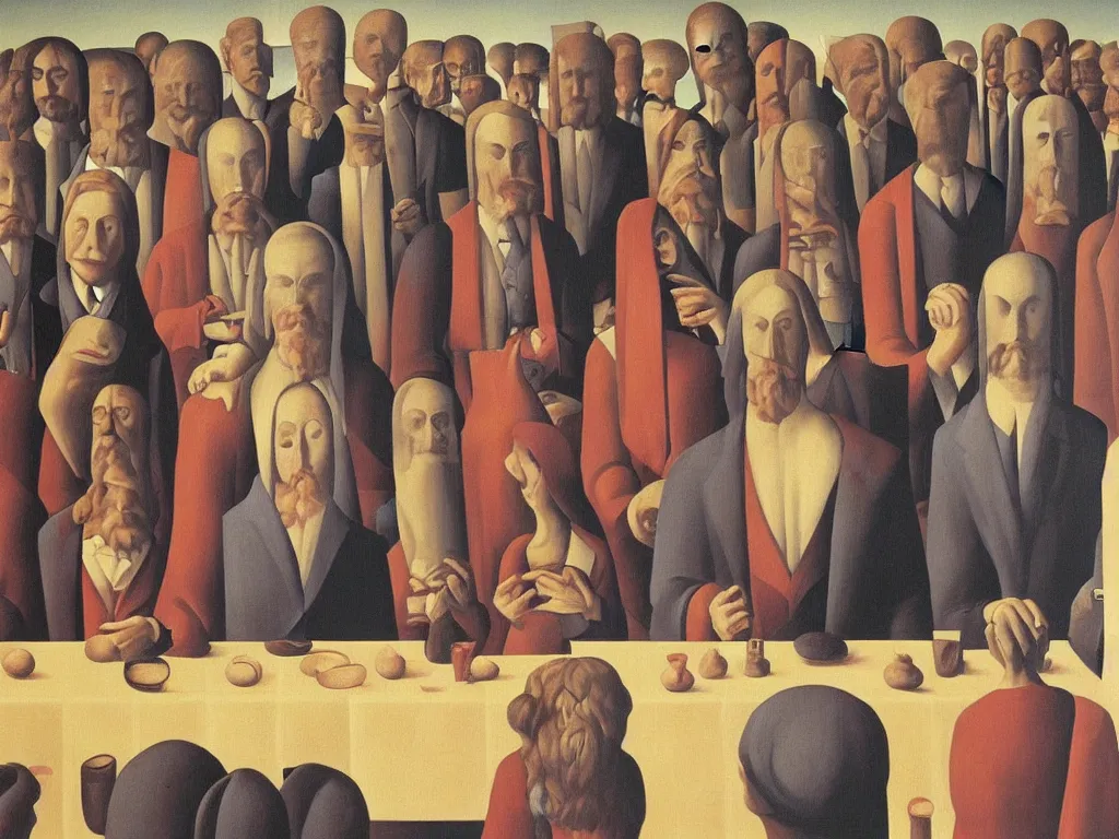 Prompt: crowded last supper painting magritte, renaissance, american gothic