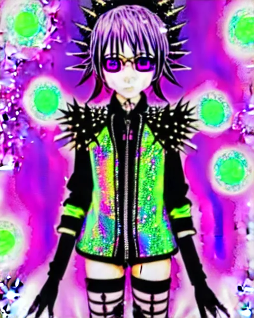 Image similar to a hologram of decora styled yotsuba koiwai wearing a gothic spiked jacket, holography, irridescent, baroque visual kei decora art