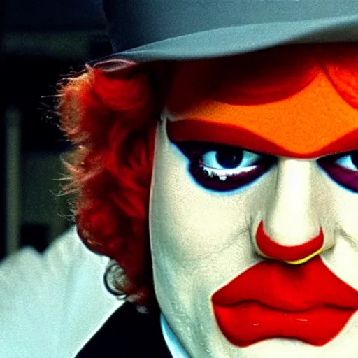 Prompt: Ronald McDonald as Alexander DeLarge, A Clockwork Orange, droog, eyelashes, milk plus, Korova Milkbar, 1971 film, Stanley Kubrick, hooligan